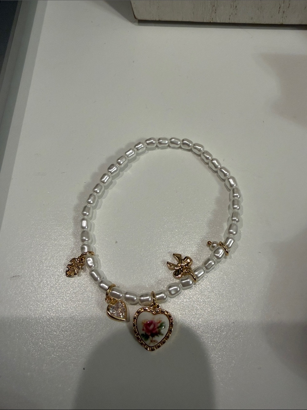 Pearl Beaded Bracelet with Floral Heart Charm - Gold Accents - Women Jewelry